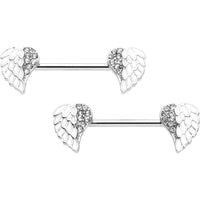 14G 9/16 White Heavenly Heart Angel Wings Barbell Nipple Ring Set