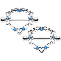 14G 9/16 Blue CZ Gem Leafy Heart Nipple Shield Set