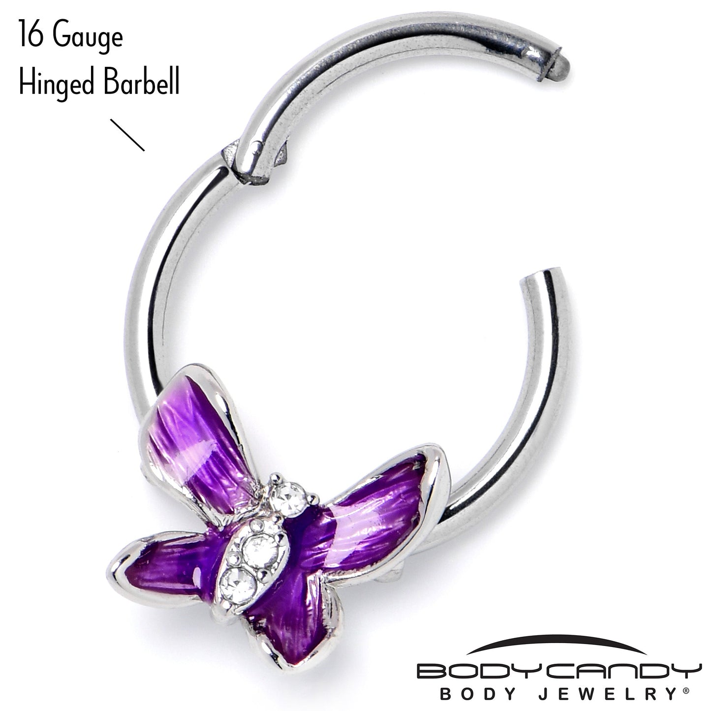 16G 3/8 Clear Gem Chunky Butterfly Purple Hinged Segment Ring