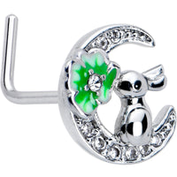 20G 7mm Clear CZ Gem Rabbit On The Moon Green L Shape Nose Ring