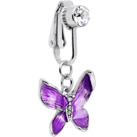 Clear Gem Chunky Butterfly Purple Clip On Fake Belly Ring