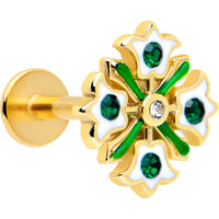 16G 1/4 Green Gem Gold Tone Flower Wreath Flatback Stud
