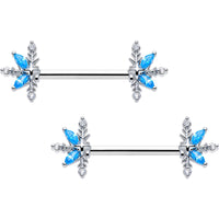 14G 9/16 Blue CZ Gem Classic Flower Barbell Nipple Ring Set