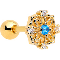 16G 1/4 Blue CZ Gem Gold Tone Flower Ring Cartilage Tragus Earring
