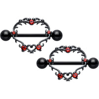 14G 9/16 Red CZ Gem Black Leafy Heart Nipple Shield Set