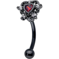 16G 5/16 Red CZ Gem Black Double Heart Curved Eyebrow Ring