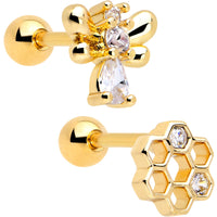 16G 1/4 Clear CZ Gem Gold Tone Bee Hive Luv Cartilage Earring Set of 2