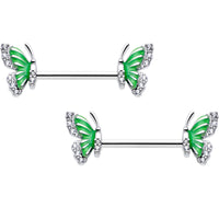 14G 9/16 Clear CZ Gem Butterfly Green Barbell Nipple Ring Set