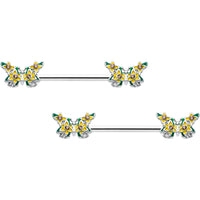 14G 9/16 Yellow CZ Gem Blooming Butterfly Barbell Nipple Ring Set
