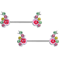 14G 9/16 Green Pink Gem Caterpillar Flower Barbell Nipple Ring Set