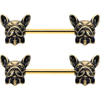14G 5/8 Gold Tone Anodized French Bulldog Barbell Nipple Ring Set