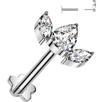 18G 5/16 Clear CZ Gem Oval Trio Medical Grade Titanium Reversible Flat Back Earring