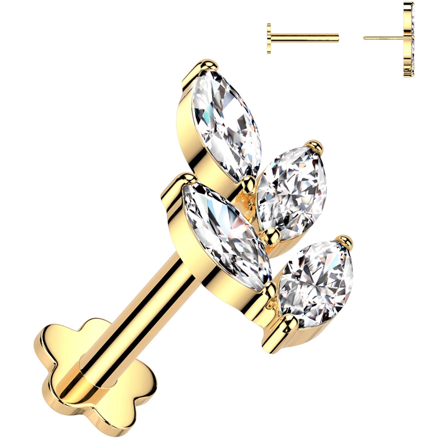 18G 5/16 Clear CZ Gem Vine Gold PVD Medical Grade Titanium Reversible Flat Back Earring