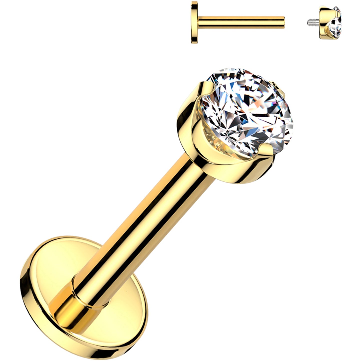 16G 5/16 3mm Clear CZ Round Gold PVD Medical Grade Titanium Flat Back Earring