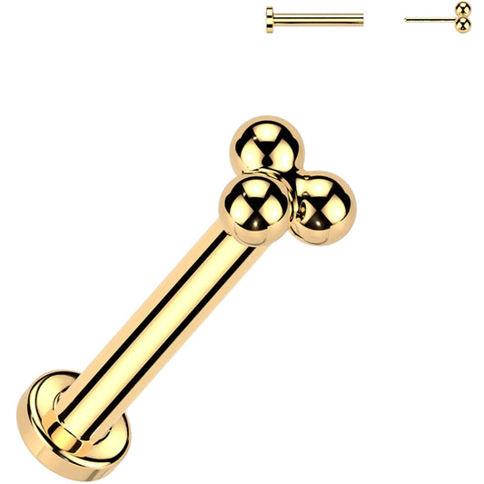 18G 1/4 Trinity Ball Gold PVD Medical Grade Titanium Flat Back Earring