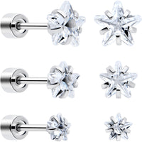 Clear Star CZ Flat Back Stud Earrings - 3 Pairs