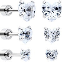 Clear Heart CZ Flat Back Stud Earrings - 3 Pairs