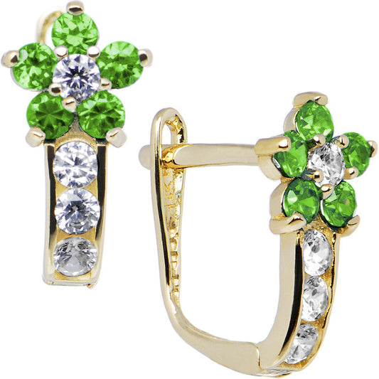 14k Yellow Gold Emerald Green Cubic Zirconia Flower Earrings