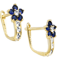 14k Yellow Gold Blue Sapphire Clear Cubic Zirconia Flower Earrings