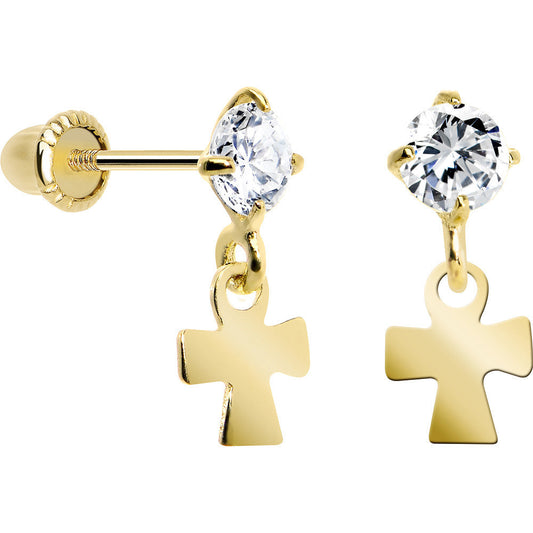 14K Yellow Gold Round CZ Cross Dangle Youth Earrings