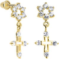 14K Yellow Gold Clear CZ Flower Cross Dangle Youth Earrings