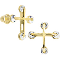 14K Yellow Gold Clear CZ Thin Cross Youth Screwback Earrings
