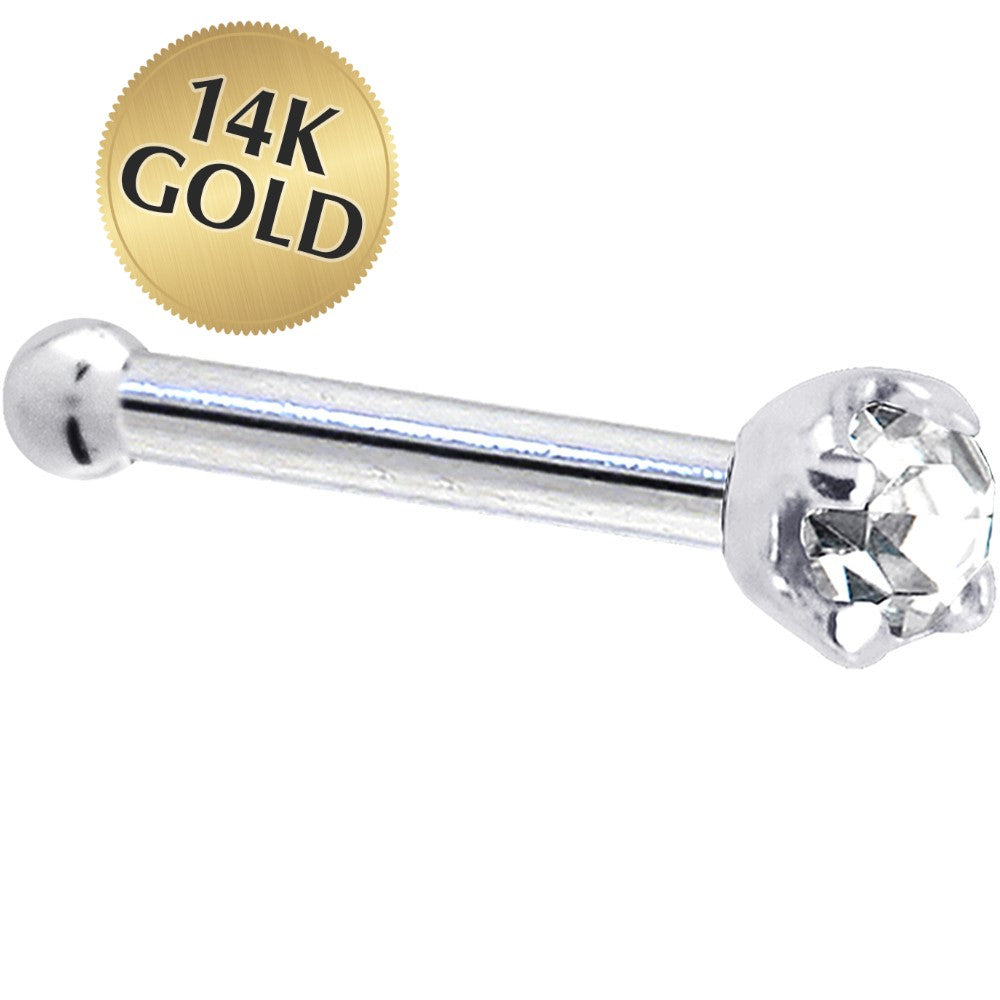 Solid 14k White Gold 1.5mm Cubic Zirconia Nose Bone