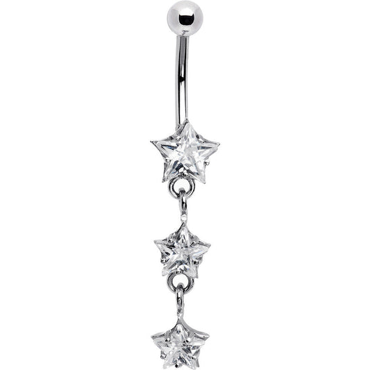 16G Solid 14k White Gold Zirconia Trio Star Belly Ring