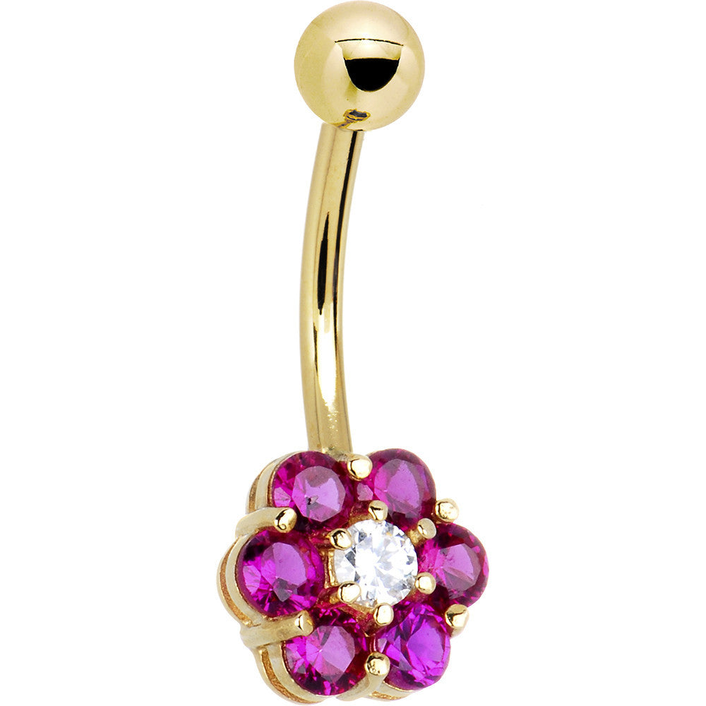 16G Solid 14k Yellow Gold Cubic Zirconia Flower Belly Ring