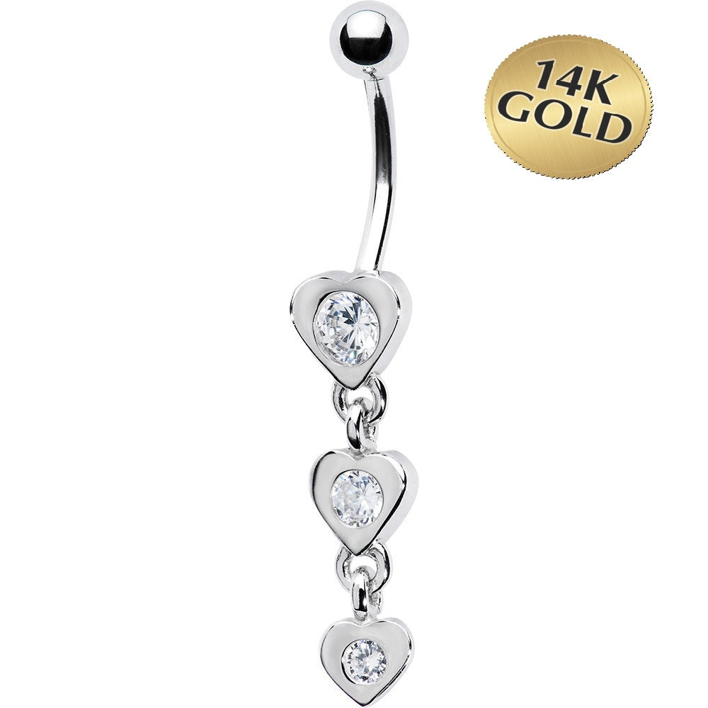 16G Solid 14k White Gold Zirconia Heart Drop Belly Ring