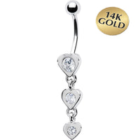 16G Solid 14k White Gold Zirconia Heart Drop Belly Ring