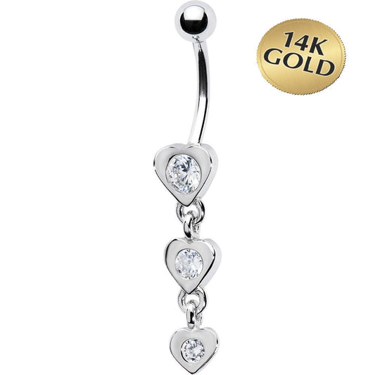16G Solid 14k White Gold Zirconia Heart Drop Belly Ring
