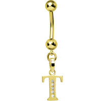 16G Solid 14k Yellow Gold CZ Initial T Belly Ring