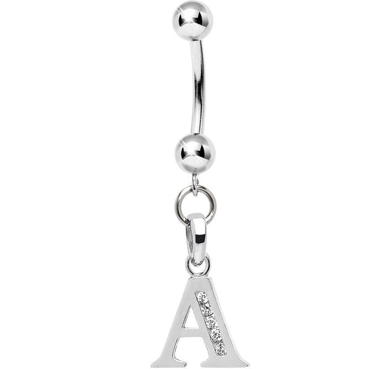 16G Solid 14k White Gold CZ Initial A Belly Ring