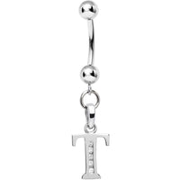 16G Solid 14k White Gold CZ Initial T Belly Ring