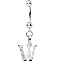 16G Solid 14k White Gold CZ Initial W Belly Ring