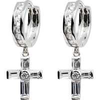 Sterling Silver Baguette CZ Cross Huggy Earrings