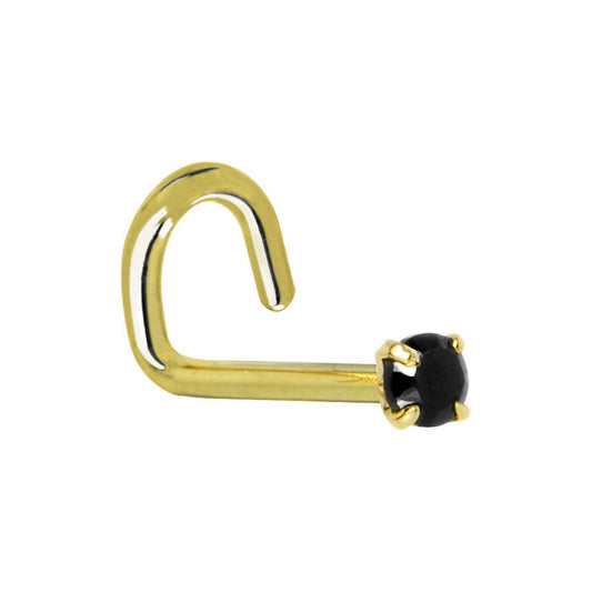 Solid 14K Yellow Gold 2mm Black Cubic Zirconia Nose Screw Ring