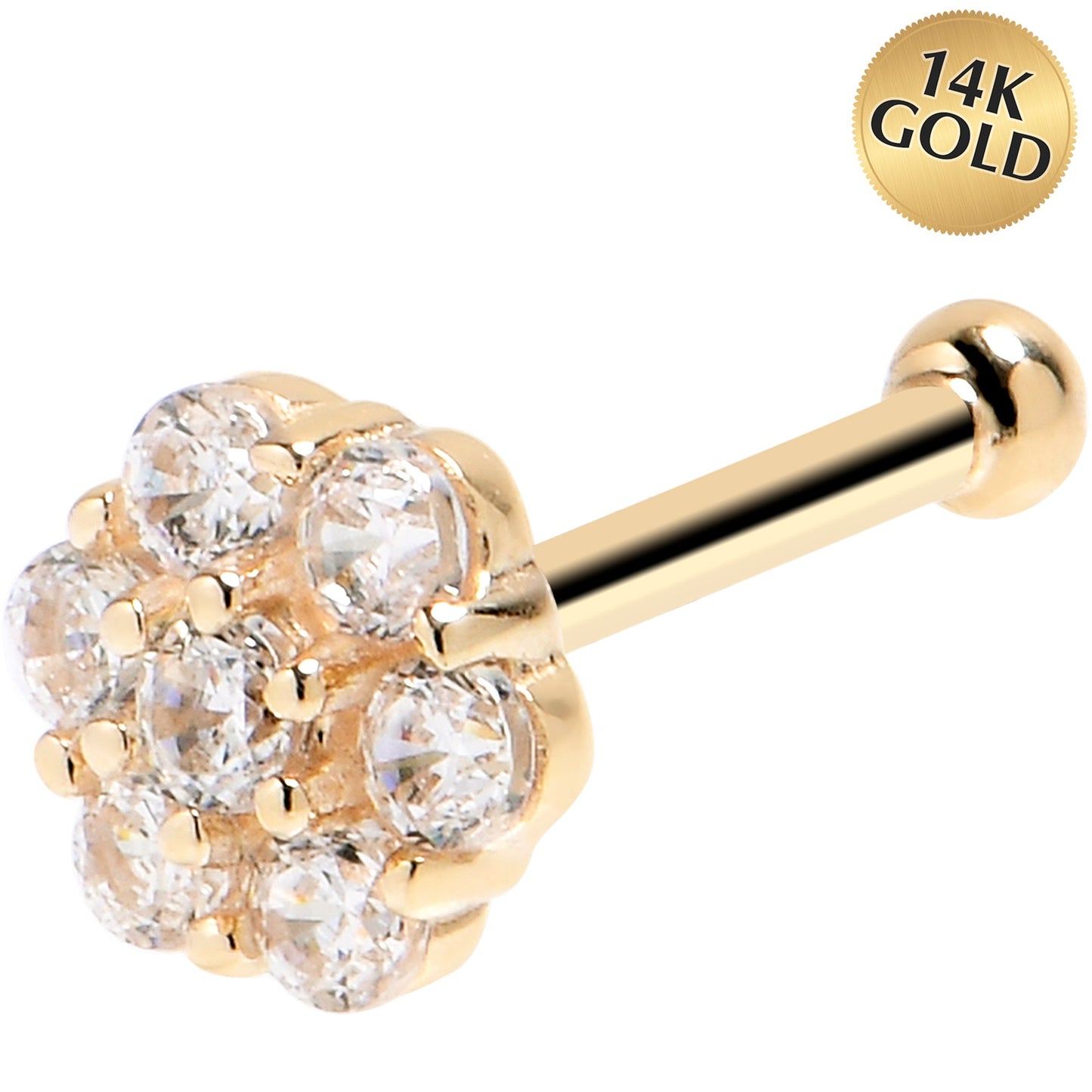Solid 14K Yellow Gold Clear CZ Flower Nose Bone