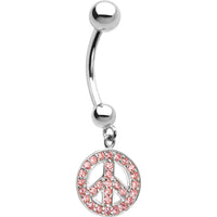16G 14k White Gold  Pink CZ Peace Sign Belly Ring