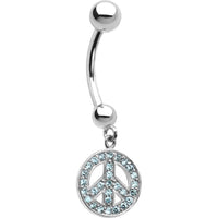 16G 14k White Gold  Aqua CZ Peace Sign Belly Ring