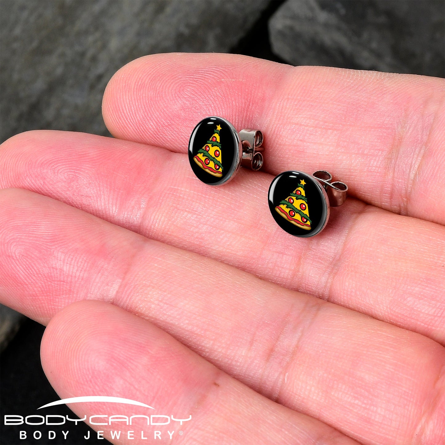 Christmas Holiday Pizza Tree Stud Earrings by Onyx O