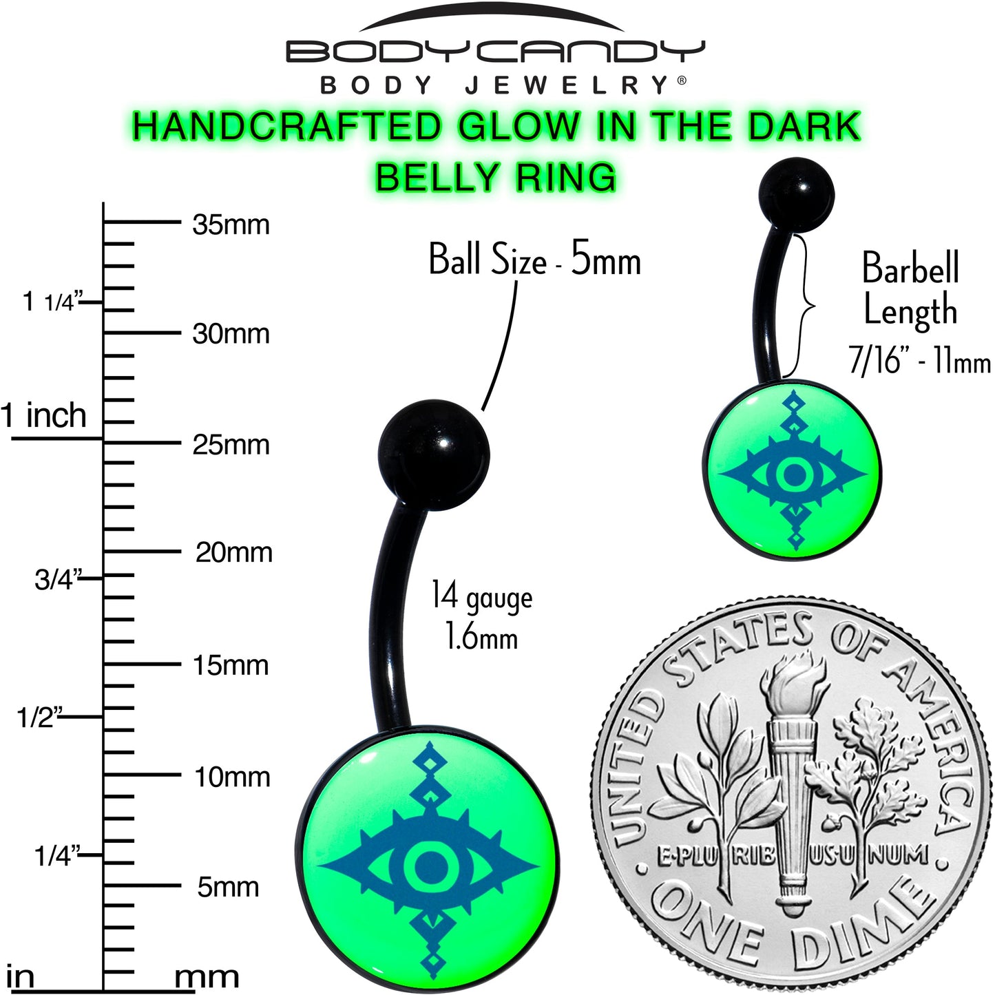 Black Anodized Glow in the Dark Evil Eye Belly Ring by Onyx O