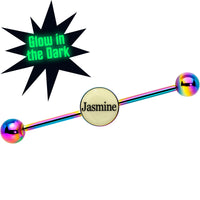 Custom Glow in the Dark Personalized Industrial Barbell in Rainbow Titanium