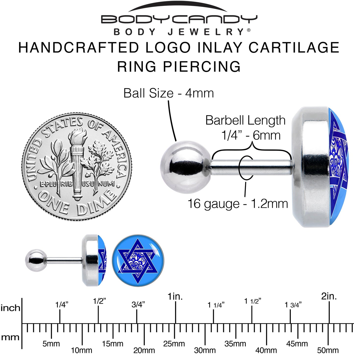 16G 1/4 Floral Star of David Tragus Cartilage Earring by Onyx O