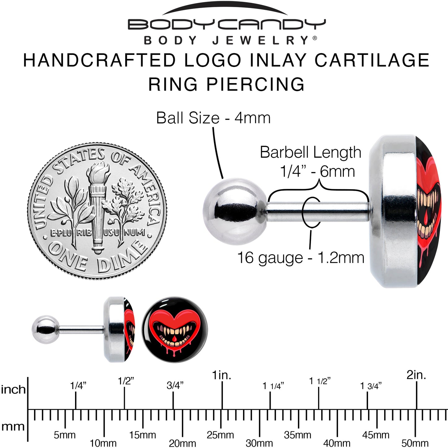 16G Valentine Heart Vampire Tragus Cartilage Earring