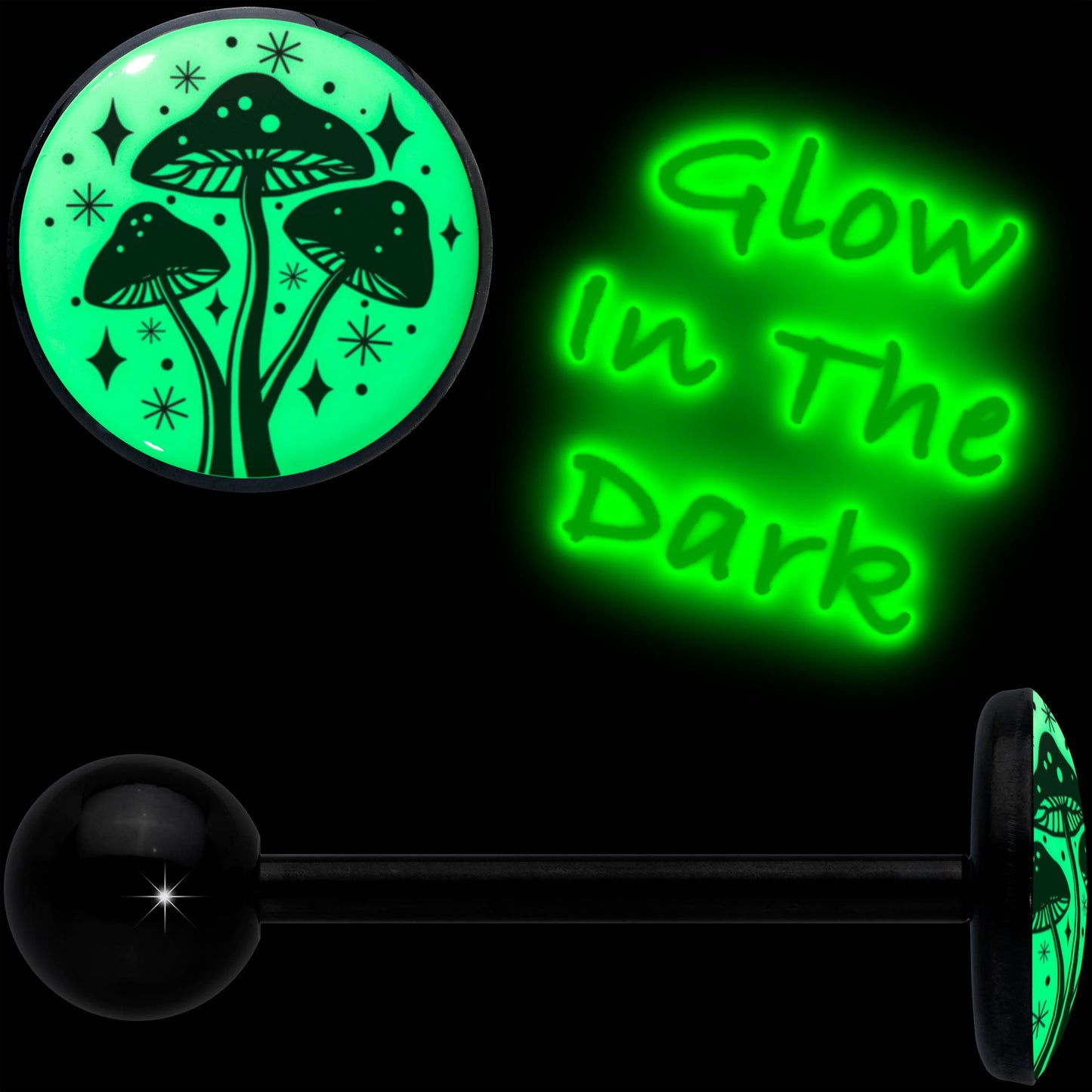 Glow in the Dark Black Anodized Mystic Mushroom Barbell Tongue Ring by Onyx O