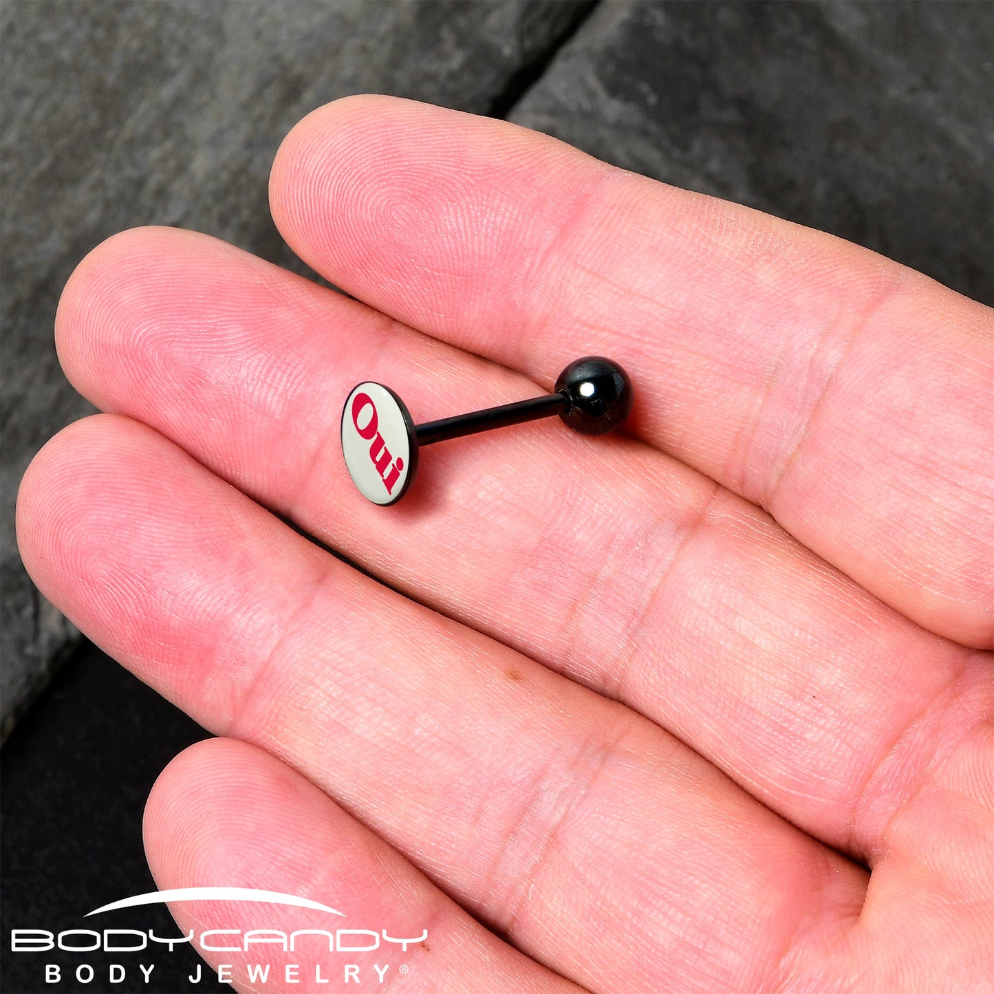 Glow in the Dark Black Anodized OUI Barbell Tongue Ring by Onyx O