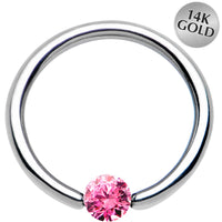16G 3/8 Solid 14k White Gold 3mm Pink Cubic Zirconia Tension Captive Ring