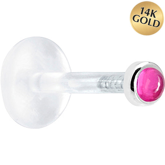 16G 1/4 Solid 14K White Gold 2mm Genuine Pink Tourmaline Bioplast Tragus Earring Stud